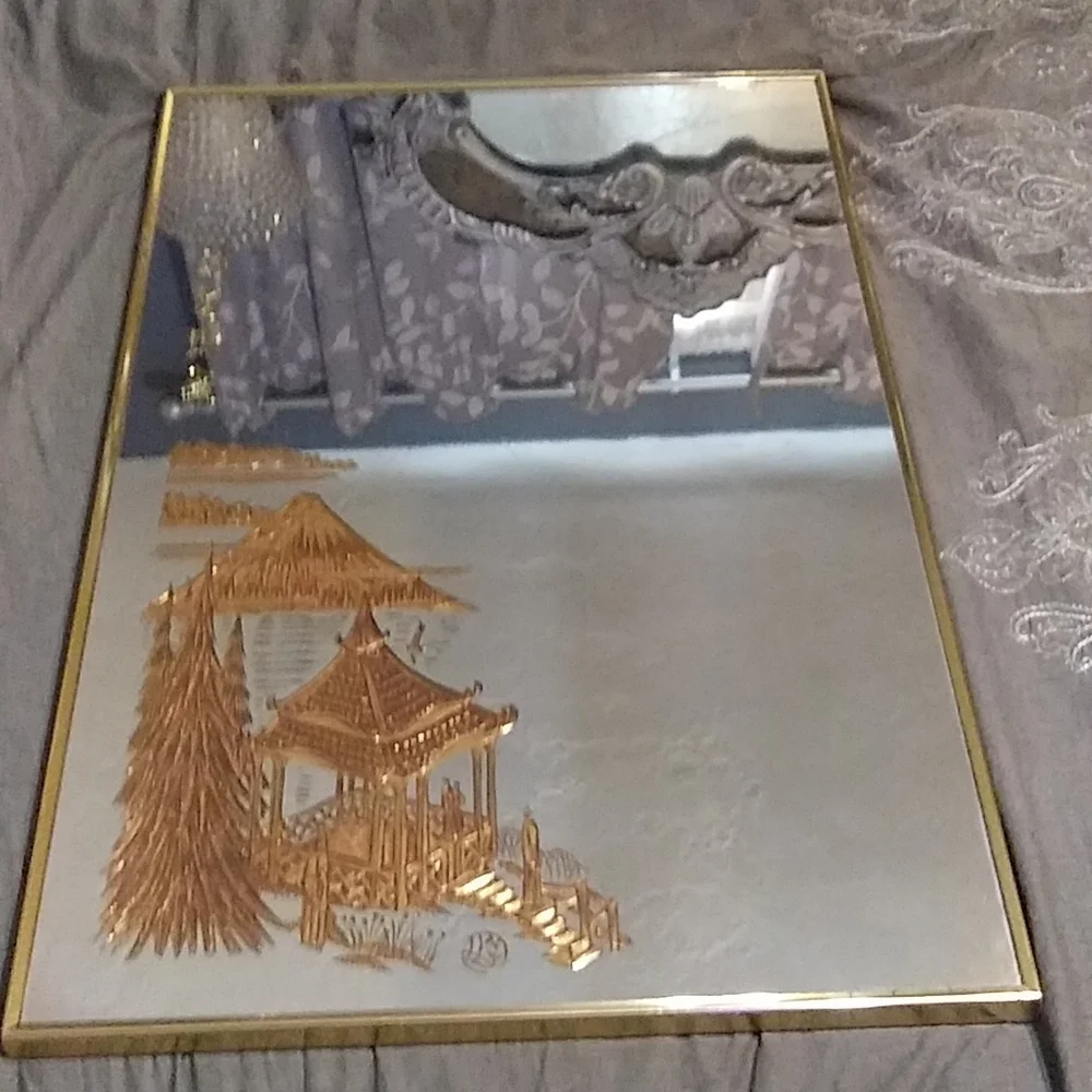 VINTAGE HOLLYWOOD REGENCY ETCHED GOLD JAPANESE MIRRORS 3PC